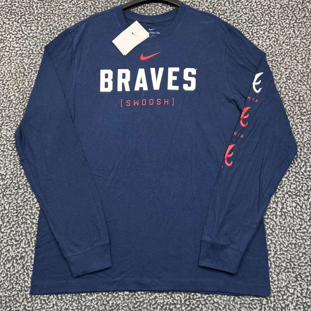 Nike Shirt Men Large Blue Atlanta Braves MLB Long Sleeve Crew Neck Cotton New L